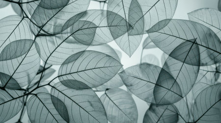 A close-up view of multiple translucent skeleton leaves overlapping each other. The intricate network of leaf veins is clearly visible, creating a delicate and ethereal pattern. The muted grey tones and soft focus against a light background give the image an abstract and organic feel.の素材