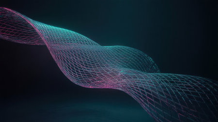 A dynamic, abstract visualization of a wavy mesh structure. The structure appears to be made of interconnected lines forming a grid-like pattern that flows and twists. It is illuminated by vibrant neon lighting in shades of pink and teal, creating a futuristic and technological aesthetic against a dark background.の素材