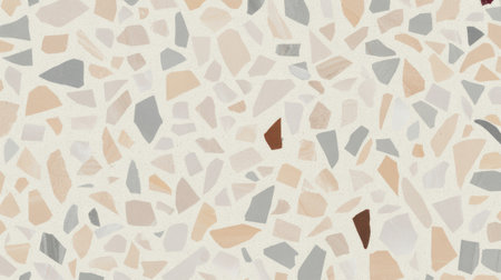 A seamless, repeating pattern of terrazzo. The surface is composed of a light cream base with numerous irregular chips of various colors including beige, pale peach, light grey, and dark brown, creating a textured and visually interesting surface.の素材