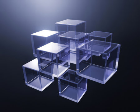 A cluster of transparent, blue-tinted cubes are arranged in a staggered, stacked formation against a softly lit dark background. The cubes have sharp edges and reflect light, creating subtle highlights and shadows that emphasize their geometric form and transparency. The overall impression is clean, modern, and precise.の素材