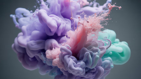 A dynamic and abstract close-up of colorful ink diffusing in water. Swirls of vibrant purple, soft pink, and bright teal blend and explode outwards, creating intricate patterns and delicate tendrils. Tiny droplets are suspended in the fluid motion, adding a sense of detail and energy. The background is a muted gray, allowing the vivid colors and fluid forms of the ink to be the central focus.の素材