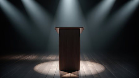 A wooden lectern stands on a dark wooden floor, illuminated by dramatic spotlights from above. The beams of light create distinct circles of light on the floor and highlight the lectern, casting deep shadows. The background is dark and moody, emphasizing the solitary presence of the podium. This image conveys a sense of anticipation, importance, and the focus of attention.の素材