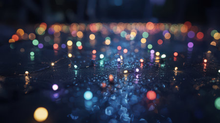 A close-up, shallow depth-of-field image showcasing a dark, wet surface covered in water droplets. Numerous out-of-focus, colorful bokeh lights are reflected on the surface, creating a vibrant and magical effect. The lights are in various shades of red, green, blue, and yellow.の素材