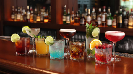 A vibrant assortment of seven different cocktails is neatly arranged on a polished wooden bar counter. Each drink is served in a distinct glass and features unique colors and garnishes, including lime wedges, mint sprigs, orange slices, and cranberries. In the background, a shelf is filled with various bottles of liquor, illuminated by soft lighting, creating a classic bar atmosphere.の素材