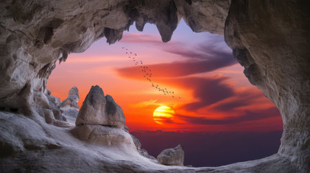 A view from inside a rocky cave looking out towards a dramatic sunset sky. The sun is a bright orange orb on the horizon, casting vibrant hues of orange, pink, and purple across the clouds. A flock of small birds is silhouetted against the colorful sky, flying in formation. The foreground shows the rough, textured rock walls of the cave and some smaller rock formations.の素材