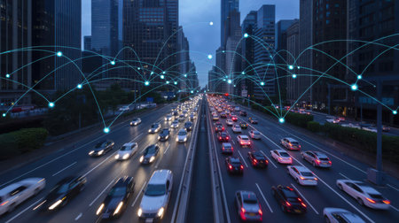 A wide shot of a multi-lane city highway at dusk, filled with traffic. Above the road, a digital network overlay connects various points with glowing blue lines and nodes, suggesting a smart city or data connectivity concept. Tall buildings line the sides of the highway.の素材