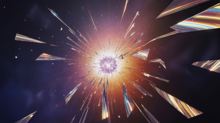 An abstract representation of an explosion or a cosmic event. Sharp, angular fragments of what appears to be shattered glass or crystal radiate outwards from a bright, luminous central core. Streaks of light and color, including oranges, yellows, purples, and blues, emanate from the center, creating a sense of intense energy and rapid expansion. The background is dark and cosmic in appearance.の素材