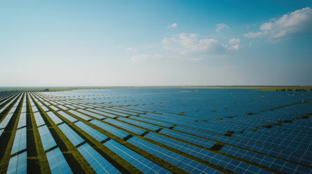 An aerial view showcases a vast solar panel farm stretching across a green landscape under a bright blue sky dotted with white clouds. Rows of blue solar panels are neatly arranged, reflecting the sunlight. The image conveys a sense of large-scale renewable energy production and environmental sustainability.の素材