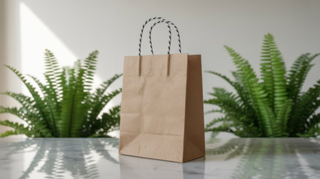 A plain brown paper shopping bag with black and white twisted paper handles stands centered on a reflective marble surface. Lush green ferns flank the bag on either side, creating a natural and organic backdrop. Sunlight casts soft shadows and highlights on the background wall and the marble surface, suggesting a serene indoor environment.の素材