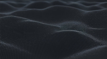 A dark, abstract background depicting a wavy surface composed of countless tiny dots or points. The undulating form suggests a flowing, organic, or digital landscape, with subtle variations in light and shadow creating a sense of depth and texture.の素材