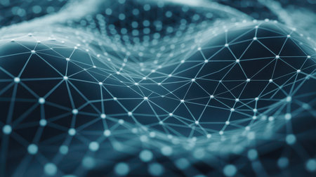 A close-up, abstract view of a three-dimensional network grid. White glowing nodes are connected by thin, luminous lines, forming a complex, undulating surface. The color palette is dominated by deep blues and blacks, with subtle gradients that create a sense of depth and dimensionality. The overall impression is one of intricate digital structure and interconnectedness.の素材