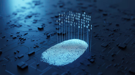 A glowing blue fingerprint is superimposed on a dark, textured circuit board. Lines of binary code ascend from the fingerprint, representing digital data and identity verification. The overall image conveys a sense of advanced technology and digital security.の素材