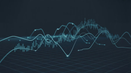 An abstract visualization of data, featuring multiple intersecting lines and vertical bar graphs. The elements are rendered in shades of teal and blue against a dark, grid-lined background. Some lines are smooth and flowing, while others are jagged, representing fluctuating data. The bar graphs are illuminated, suggesting active data points. The image conveys a sense of complex analysis and financial or scientific data representation.の素材