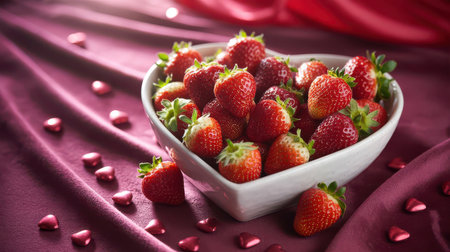 A white, heart-shaped bowl filled with fresh, red strawberries sits on a luxurious, draped burgundy fabric. Small, red heart-shaped candies are scattered around the bowl, enhancing the romantic theme.の素材