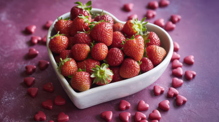 A white, heart-shaped bowl is overflowing with ripe, red strawberries. Small, red heart-shaped candies are scattered around the bowl on a textured purple surface, creating a romantic and sweet visual.の素材