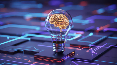 A clear glass light bulb sits on a dark, futuristic platform, illuminated from within by a glowing orange human brain. The background features abstract digital circuitry with glowing blue and red lines. This image represents concepts of ideas, intelligence, innovation, and the fusion of technology with the human mind.の素材