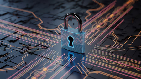 A metallic padlock with a glowing blue outline rests on a dark digital circuit board. The circuit board features orange and pink illuminated lines, creating a futuristic and abstract representation of cyber security and data protection.の素材