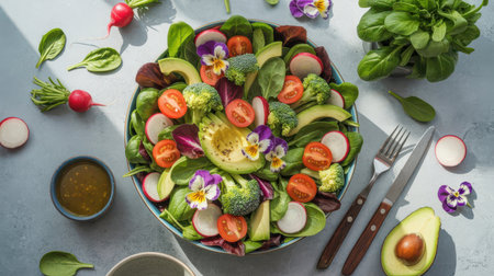 A vibrant and fresh garden salad is presented in a bowl, featuring sliced avocado, broccoli florets, cherry tomatoes, radishes, and colorful edible flowers. A small bowl of dressing, a fork, and a knife are placed alongside the salad on a light-colored surface, with additional radishes and greens scattered around.の素材
