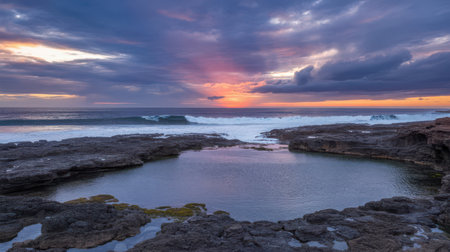 A dramatic sunset paints the sky with vibrant hues of purple, pink, and orange above a rugged coastline. Waves crash against dark, rocky formations, creating a dynamic contrast with the calm, reflective surface of a natural tidal pool in the foreground. The scene captures the raw beauty of nature at the edge of the sea.の素材