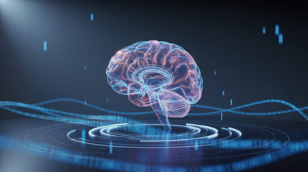 A glowing, transparent 3D hologram of a human brain is depicted against a dark blue background. The brain is illuminated with pink and blue light, revealing intricate internal structures. Surrounding the brain are concentric rings of light and flowing lines of binary code, suggesting data processing and advanced technology. Vertical blue lines and wavy data streams add to the futuristic and digital atmosphere.の素材