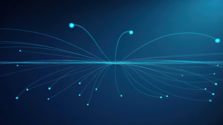 An abstract representation of a network with numerous small, glowing blue dots connected by thin, curved lines. The lines originate from a central point or area and spread outwards, creating a sense of expansion and connectivity. The background is a dark, deep blue, with a subtle gradient that adds depth. The image evokes themes of data flow, communication, and digital networks.の素材