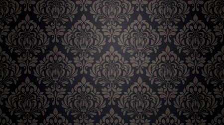 A dark background featuring an ornate, repeating damask pattern. Intricate floral motifs and scrolling elements create a classic and elegant design with a rich, textured appearance. Clear details and vibrant colors enhance visual appeal.の素材