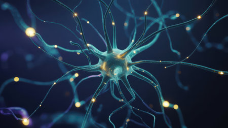 A detailed 3D illustration of a human neuron, showcasing its intricate structure with a central cell body, branching dendrites, and a long axon. The synapses are depicted as glowing yellow points of light, suggesting the transmission of neural impulses. The neuron is set against a dark blue, abstract background, emphasizing its scientific and biological nature.の素材