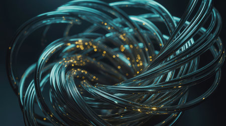 A close-up, abstract view of a tightly wound bundle of metallic wires. The wires have a dark, reflective surface, possibly steel or a similar metal. Interspersed within the swirling mass are small, bright golden sparks or lights, creating a sense of energy and activity. The background is dark and out of focus, emphasizing the intricate texture and form of the wire bundle.の素材