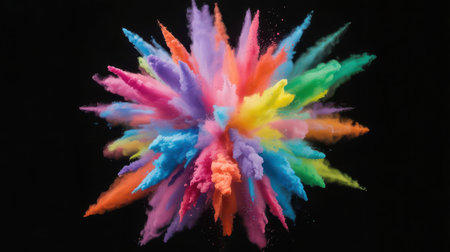A dynamic and vibrant explosion of colorful powder is captured against a stark black background. The powder bursts outwards from a central point, creating a starburst or radial effect. Various colors, including pink, orange, yellow, green, blue, and purple, are visible in the fine particles and wisps of dust. The image freezes the motion of the explosion, highlighting the texture and energy of the colorful particles.の素材