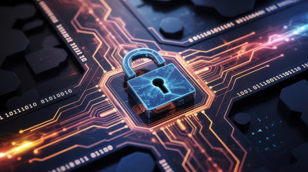A digital padlock, glowing blue, is prominently displayed on a dark circuit board. The circuit board itself is illuminated with vibrant orange and blue lines, suggesting the flow of data. Binary code is visible on some sections of the board. The image symbolizes digital security, data protection, and cybersecurity concepts.の素材