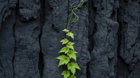 A vibrant green vine with serrated leaves and delicate tendrils ascends a dark, deeply textured rock face. The contrast between the bright foliage and the rough, dark stone is striking.の素材