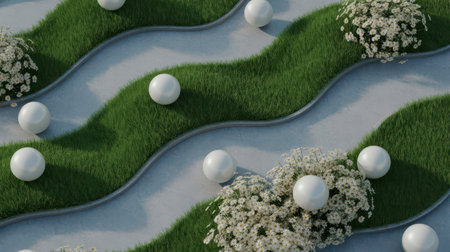 Winding pathways of light gray concrete are bordered by vibrant green grass mounds dotted with white spheres and clusters of small white daisies.の素材