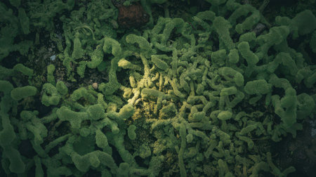 Abstract close up of vibrant green moss or lichen with intricate textured patterns covering a rough, dark surface.の素材