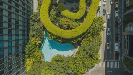 Top down aerial view of a building featuring a large spiral-shaped green rooftop garden and a bright blue swimming pool surrounded by trees. A city street with cars and a crosswalk is visible to the right.の素材
