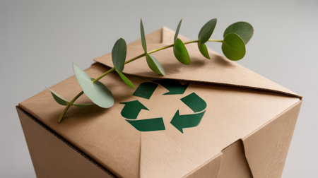 A brown cardboard box with a green recycling symbol and a eucalyptus branch rests on a plain grey background.の素材
