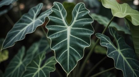 A close-up view of a dark green Alocasia leaf showcases its striking white veins and wavy, undulating edges. The textured surface of the leaf is visible, with surrounding foliage blurred in the background.の素材