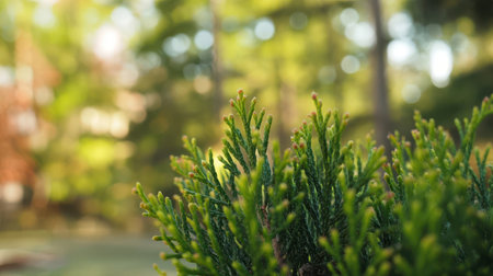 Green cedar branches with delicate needles fill the foreground, set against a soft, blurred background of warm green and golden bokeh lights.の素材