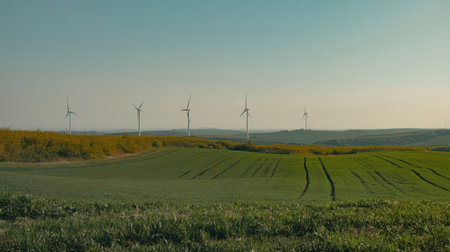 Rolling green fields and a band of yellow flowers stretch towards a distant horizon dotted with five white wind turbines under a pale blue sky.の素材