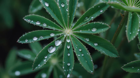 A close-up view of a vibrant green lupine leaf adorned with numerous clear water droplets. The droplets vary in size and are scattered across the leaf's surface and edges.の素材