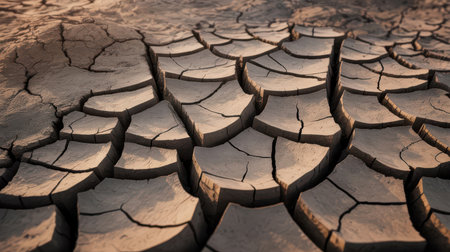Close up of dry cracked earth with deep fissures and shadows. The texture is rough and uneven, with a warm brown and beige color palette.の素材