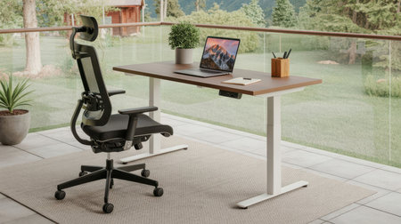 A black ergonomic office chair sits beside a brown adjustable height desk with a laptop and notebook on a balcony. A potted plant and wooden pen holder are on the desk.の素材