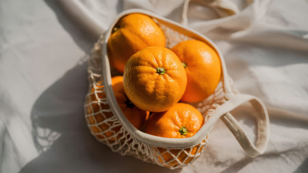 Bright orange citrus fruits fill a white mesh bag. Sunlight casts soft shadows across the textured fabric background.の素材