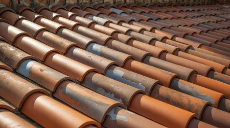 Close up view of weathered terracotta roof tiles in overlapping rows. The tiles display earthy tones of orange, brown, and grey with visible signs of age and wear.の素材