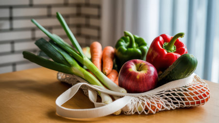 A mesh bag filled with fresh produce including green onions, carrots, bell peppers, a cucumber, and an apple rests on a wooden table.の素材
