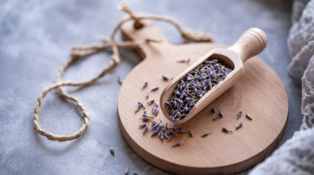 Dried purple lavender buds fill a wooden scoop resting on a round wooden cutting board. Scattered buds and twine add rustic texture to the neutral background.の素材