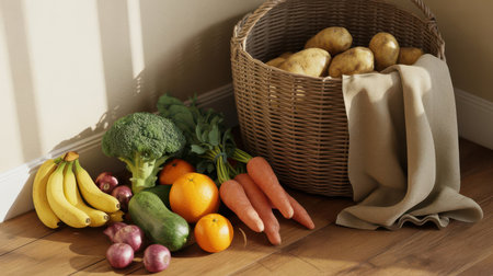 A woven basket filled with potatoes sits next to a collection of fresh produce including bananas, broccoli, carrots, oranges, onions, and a cucumber on a wooden floor.の素材