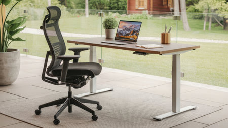 A black mesh ergonomic chair sits beside a wooden adjustable height desk with a laptop and plant on a patio.の素材