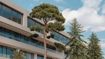 A beige tiled building facade with large dark windows and balconies contrasts with lush green evergreen trees against a bright blue sky with white clouds.の素材