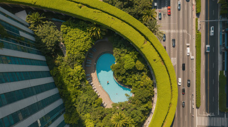 Aerial view of a curved building with a vibrant green rooftop garden surrounding a bright blue swimming pool. A busy road with cars runs alongside the building.の素材