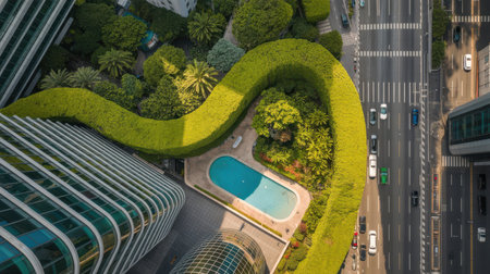 Aerial view of a city oasis featuring a bright blue rooftop pool surrounded by vibrant green hedges and trees. A busy street with cars runs alongside modern buildings.の素材